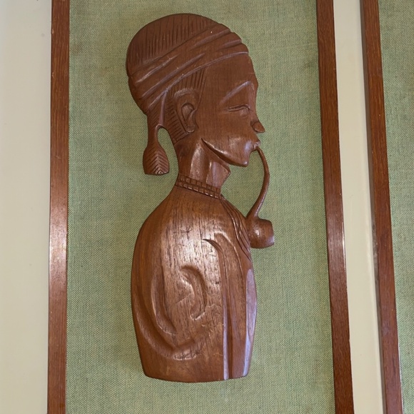 Vintage mid century carved teak wood wall art of African man and woman - Picture 3 of 8
